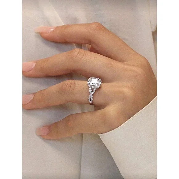 Princess Cut Halo Engagement Ring Infinity Twisted Band Silver Tone Wedding Ring - Picture 2 of 5